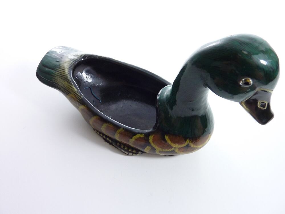 Vintage Ceramic Duck Planter Green Drip Glaze MCM Flower Pot Animal Decor